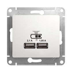 Картинка Розетка Glossa USB двухместная белый без рамки, 5В/2100мА+5В/1050мА, способ монтажа скрытый, арт. GSL000133 купить 