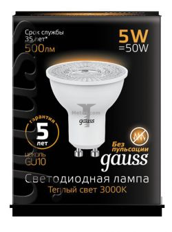 Картинка лампа светодиодная Gauss точечная MR16 GU10 5Вт 3000K GAUSS LED MR16 GU10  5W 3000K 500Lm 230V RA>90 арт. 101506105 купить 